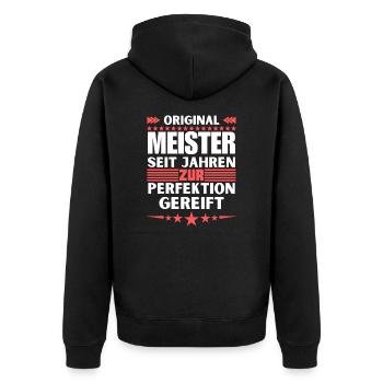 Zur Perfektion gereifter Meister - Unisex Premium Bio Zip Hoodie - Schwarz - Hinten - Nico (187cm)