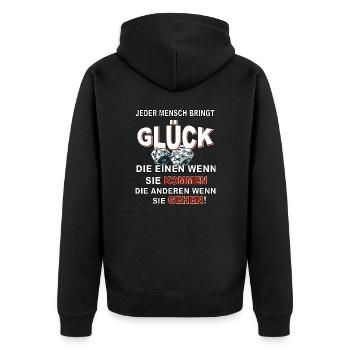 Jeder Mensch bringt Glück - Unisex Premium Bio Zip Hoodie - Schwarz - Hinten - Nico (187cm)