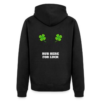 Hier reiben für Glück - rub here for luck - Unisex Premium Bio Zip Hoodie - Schwarz - Hinten - Nico (187cm)