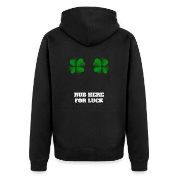 Hier reiben für Glück - rub here for luck - Unisex Premium Bio Zip Hoodie - Schwarz - Hinten - Nico (187cm)
