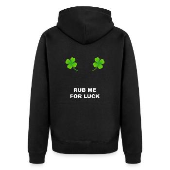 Reib mich für Glück - rub me for luck - Unisex Premium Bio Zip Hoodie - Schwarz - Hinten - Nico (187cm)