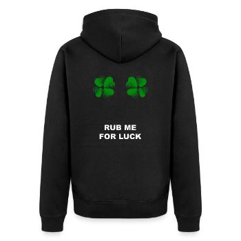 Reib mich für Glück - rub me for luck - Unisex Premium Bio Zip Hoodie - Schwarz - Hinten - Nico (187cm)