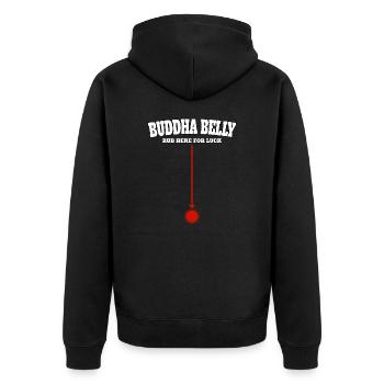 Buddha Belly rub here for luck - Unisex Premium Organic Zip Hoodie - black - Back - Nico (187cm)