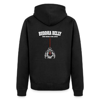 Buddha Belly rub here for luck - Unisex Premium Organic Zip Hoodie - black - Back - Nico (187cm)