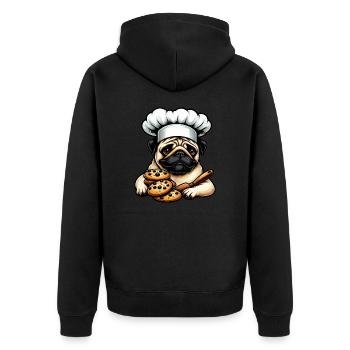 Mops Koch mit Cookie - Unisex Premium Bio Zip Hoodie - Schwarz - Hinten - Nico (187cm)