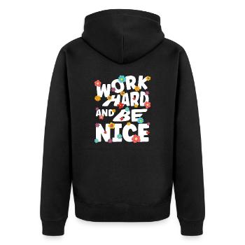 Work hard and be nice - Unisex Premium Bio Zip Hoodie - Schwarz - Hinten - Nico (187cm)