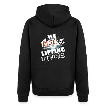 We rise by lifting others - Unisex Premium Bio Zip Hoodie - Schwarz - Hinten - Nico (187cm)