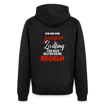 Ich bin der jüngere Zwilling für mich gelten keine - Unisex Premium Bio Zip Hoodie - Schwarz - Hinten - Nico (187cm)