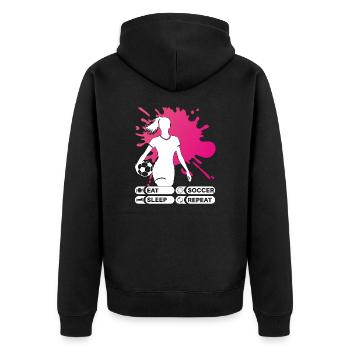 Eat Sleep Soccer Repeat - Fußballspielerin - Unisex Premium Bio Zip Hoodie - Schwarz - Hinten - Nico (187cm)