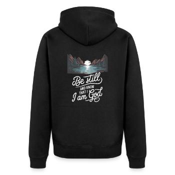 Be still and know that I’m god - Unisex Premium Bio Zip Hoodie - Schwarz - Hinten - Nico (187cm)