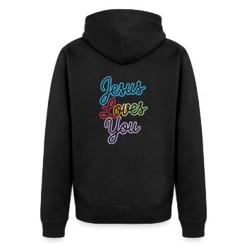 Jesus loves you - Gott liebt Dich! - Unisex Premium Bio Zip Hoodie - Schwarz - Hinten - Nico (187cm)