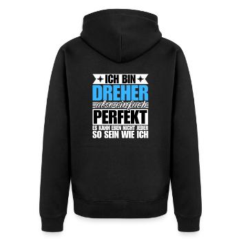 Perfekter Dreher - Unisex Premium Bio Zip Hoodie - Schwarz - Hinten - Nico (187cm)