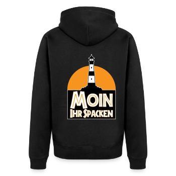 Farben änderbar | Moin Ihr Spacken - Unisex Premium Bio Zip Hoodie - Schwarz - Hinten - Nico (187cm)