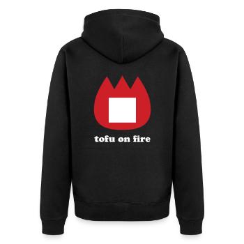 📛 tofu on fire - Unisex Premium Organic Zip Hoodie - black - Back - Nico (187cm)