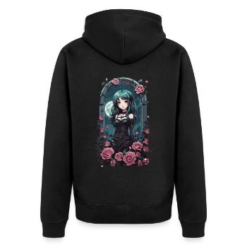 Gothic Pastel Anime Girl Victorian with Roses - Unisex Premium Organic Zip Hoodie - black - Back - Nico (187cm)