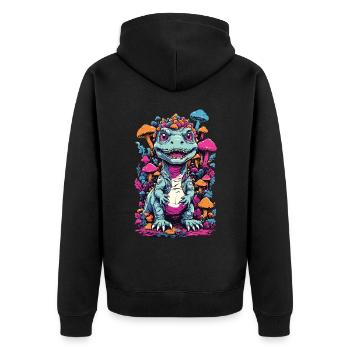 Psychedelischer Dinosaurier Pilz für Naturfans - Unisex Premium Bio Zip Hoodie - Schwarz - Hinten - Nico (187cm)