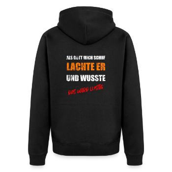 ALS GOTT MICH SCHUF WUSSTE ER DAS WIRD LUSTIG - Unisex Premium Bio Zip Hoodie - Schwarz - Hinten - Nico (187cm)