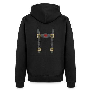 Bayern Fake Tracht Lederhose - Unisex Premium Bio Zip Hoodie - Schwarz - Hinten - Nico (187cm)