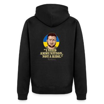 Ukraine T-Shirt Selenskyj Zitat und Landesfarben - Unisex Premium Bio Zip Hoodie - Schwarz - Hinten - Nico (187cm)