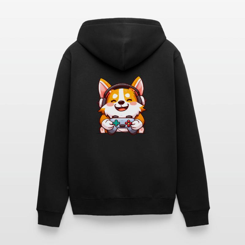 00239 Corgi mit Kopfhörer und Controller Unisex Premium Bio Zip Hoodie