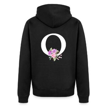 Lila Blumenbuchstabe O - Unisex Premium Bio Zip Hoodie - Schwarz - Hinten - Nico (187cm)