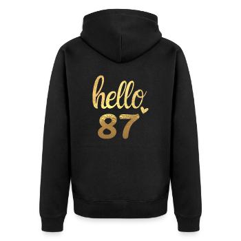 Hallo 87 gold - Unisex Premium Bio Zip Hoodie - Schwarz - Hinten - Nico (187cm)