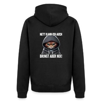 Spruch Katze Geschenk - Nett kann ich auch bringt - Unisex Premium Bio Zip Hoodie - Schwarz - Hinten - Nico (187cm)