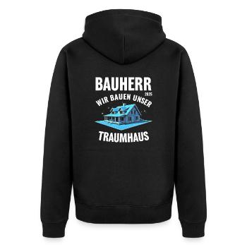 BAUHERR 2025 WIR BAUEN UNSER TRAUMHAUS - Unisex Premium Bio Zip Hoodie - Schwarz - Hinten - Nico (187cm)