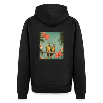 Two parrots on a branch with hibiscus flowers - Unisex Premium Organic Zip Hoodie - black - Back - Nico (187cm)