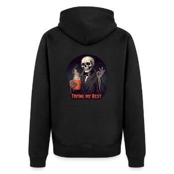 Ich versuche meinen besten Sarkasmus - Unisex Premium Bio Zip Hoodie - Schwarz - Hinten - Nico (187cm)