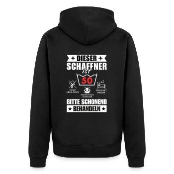 Dieser Schaffner ist 50. Schonend behandeln - Unisex Premium Bio Zip Hoodie - Schwarz - Hinten - Nico (187cm)