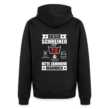 Dieser Schreiner ist 70. Schonend behandeln - Unisex Premium Bio Zip Hoodie - Schwarz - Hinten - Nico (187cm)