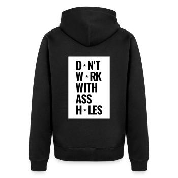 Arbeit im Büro ist nicht immer lustig - Unisex Premium Bio Zip Hoodie - Schwarz - Hinten - Nico (187cm)