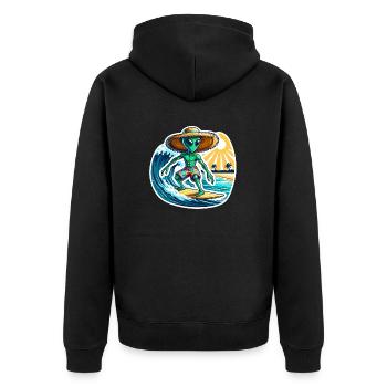 Lustiges kleines Alien auf Surfboard - Unisex Premium Bio Zip Hoodie - Schwarz - Hinten - Nico (187cm)