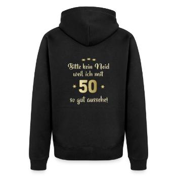 Bitte nur kein Neid 50 - Unisex Premium Bio Zip Hoodie - Schwarz - Hinten - Nico (187cm)