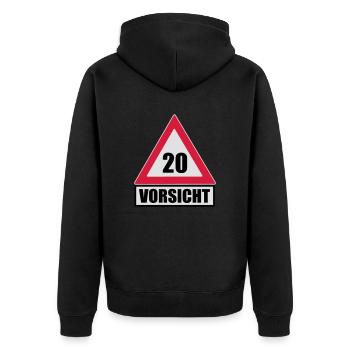 Vorsicht Achtung 20 - Unisex Premium Bio Zip Hoodie - Schwarz - Hinten - Nico (187cm)