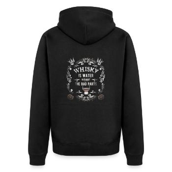 Cooles Whisky Design "Whisky is water" - Unisex Premium Bio Zip Hoodie - Schwarz - Hinten - Nico (187cm)