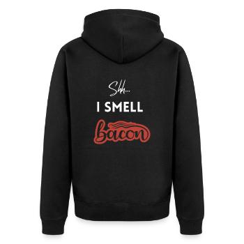 Pssst, ich rieche Speck - Unisex Premium Bio Zip Hoodie - Schwarz - Hinten - Nico (187cm)