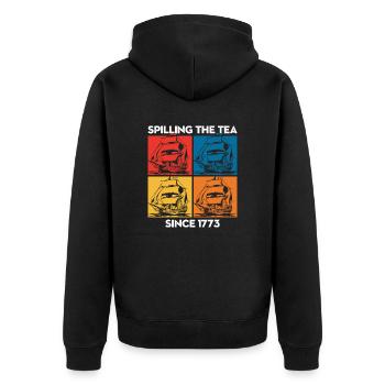 Spilling tea since 1773 – Humorous story - Unisex Premium Organic Zip Hoodie - black - Back - Nico (187cm)