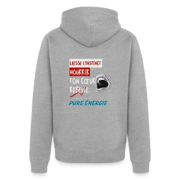"Lass deinen Instinkt dein rebellisches Herz nähren. Rein - Unisex Premium Bio Zip Hoodie - Grau meliert - Hinten - Nico (187cm)