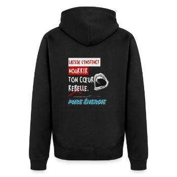 "Lass deinen Instinkt dein rebellisches Herz nähren. Rein - Unisex Premium Bio Zip Hoodie - Schwarz - Hinten - Nico (187cm)
