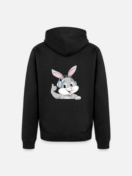 Smiling satisfied bunny in headphones - Unisex Premium Organic Zip Hoodie - black