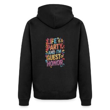 Leben ist eine Party – Gast des Abends - Unisex Premium Bio Zip Hoodie - Schwarz - Hinten - Nico (187cm)