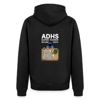 ADHD Superpower – Side-Quest Hero Shirt - Unisex Premium Organic Zip Hoodie - black - Back - Nico (187cm)