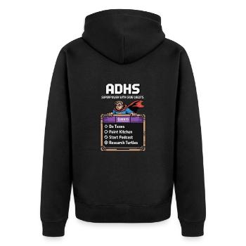ADHD Superpower – Side-Quest Hero Shirt - Unisex Premium Organic Zip Hoodie - black - Back - Nico (187cm)