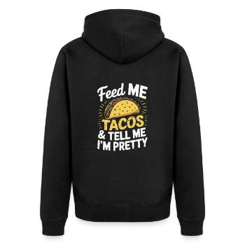 Taco-Design - Füttere mich & sag, ich bin hübsch - Unisex Premium Bio Zip Hoodie - Schwarz - Hinten - Nico (187cm)