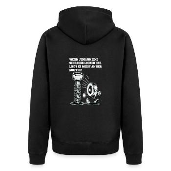 Wenn jemand eine Schraube locker hat Mutter Spruch - Unisex Premium Bio Zip Hoodie - Schwarz - Hinten - Nico (187cm)
