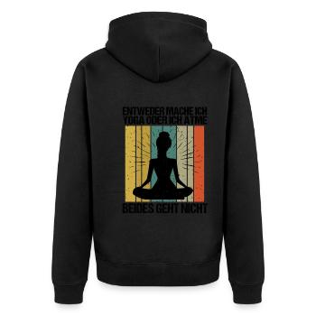 Sprüche Yoga Frau oder atmen Geht nicht - Unisex Premium Bio Zip Hoodie - Schwarz - Hinten - Nico (187cm)