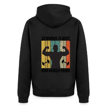 Bodybuilding Sprüche Mann Schweiß Weinen Muskeln - Unisex Premium Bio Zip Hoodie - Schwarz - Hinten - Nico (187cm)