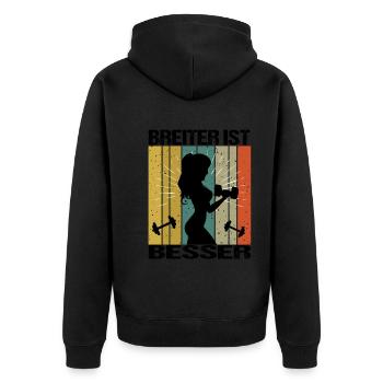 Bodybuilding Sprüche Frau Breiter ist besser - Unisex Premium Bio Zip Hoodie - Schwarz - Hinten - Nico (187cm)